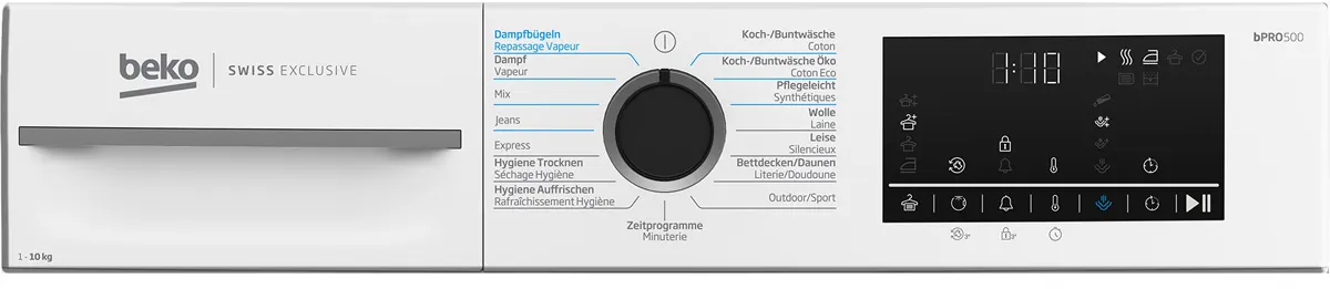 Weiße Beko Waschmaschine mit Programmwähler und digitalem Display.
