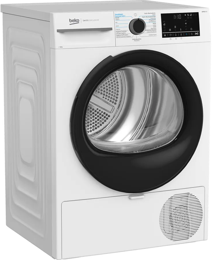 Weißer Beko-Trockner mit schwarzer Tür und digitaler Anzeige.