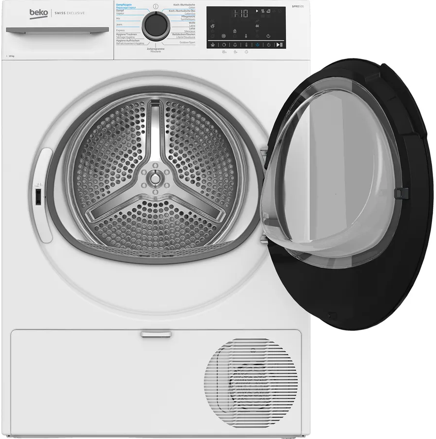 Weißer Beko-Trockner mit geöffneter Tür, Blick auf die Trommel.