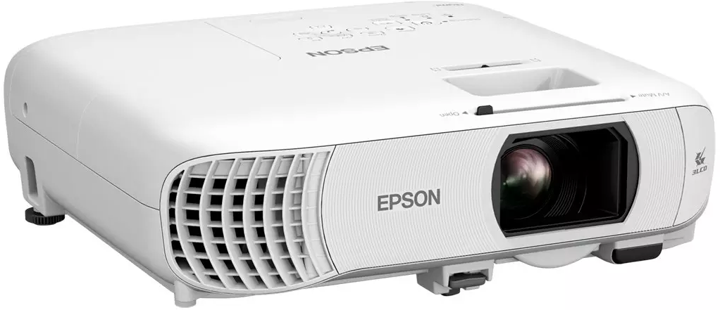 Un projecteur Epson blanc avec objectif et grille de ventilation.