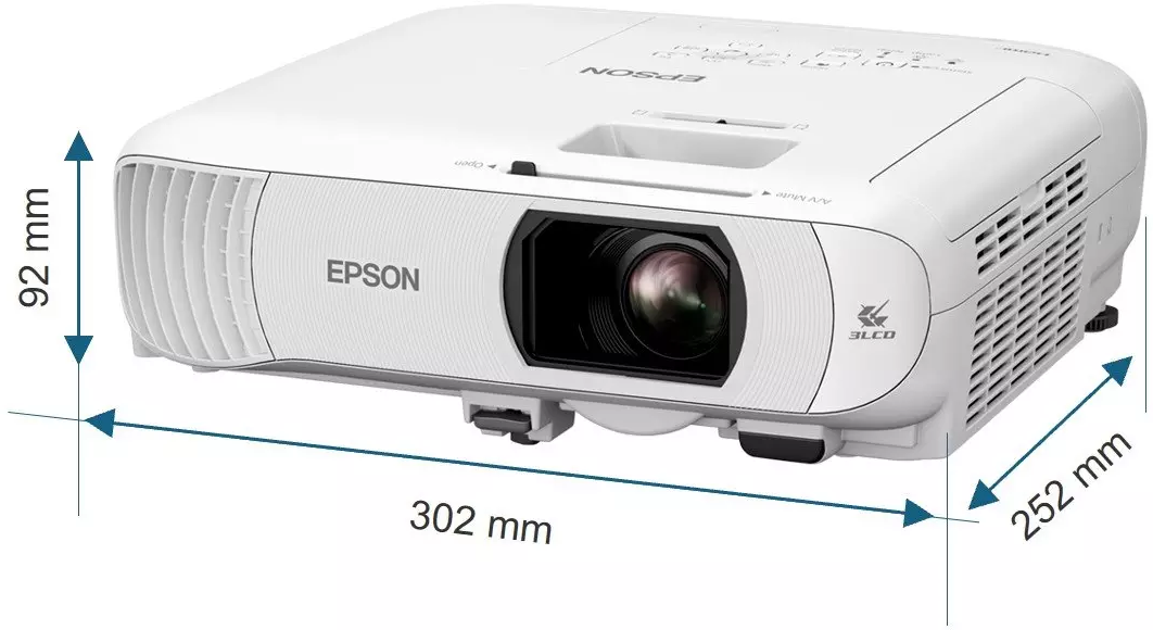 Projecteur Epson blanc avec dimensions : 92 mm de haut, 302 mm de long et 252 mm de large.
