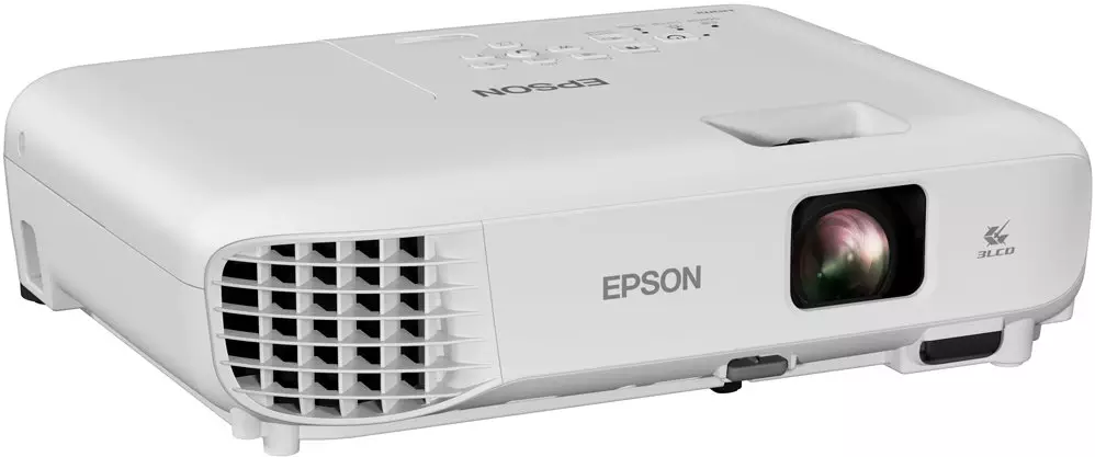 Proiettore Epson bianco con prese d'aria e obiettivo.