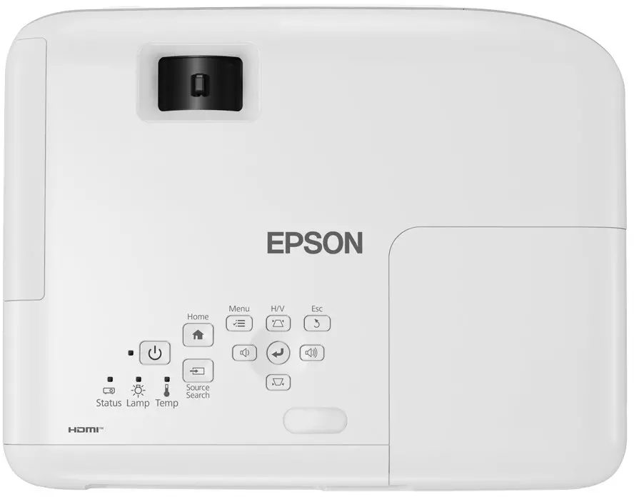 Proiettore Epson bianco con obiettivo, pannello pulsanti e porta HDMI.