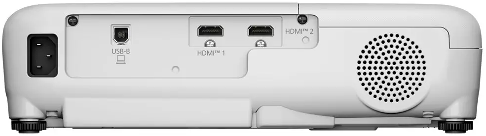 Vista posteriore di un proiettore bianco che mostra le porte per alimentazione, USB-B e due porte HDMI, insieme a una griglia rotonda per altoparlanti.