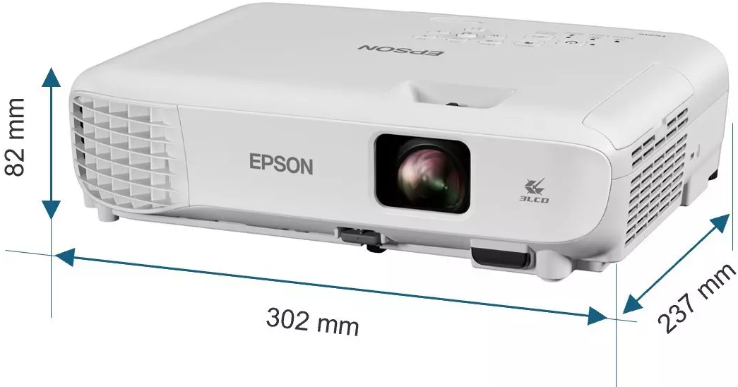 Proiettore Epson bianco con dimensioni: 82 mm di altezza, 302 mm di lunghezza, 237 mm di larghezza.
