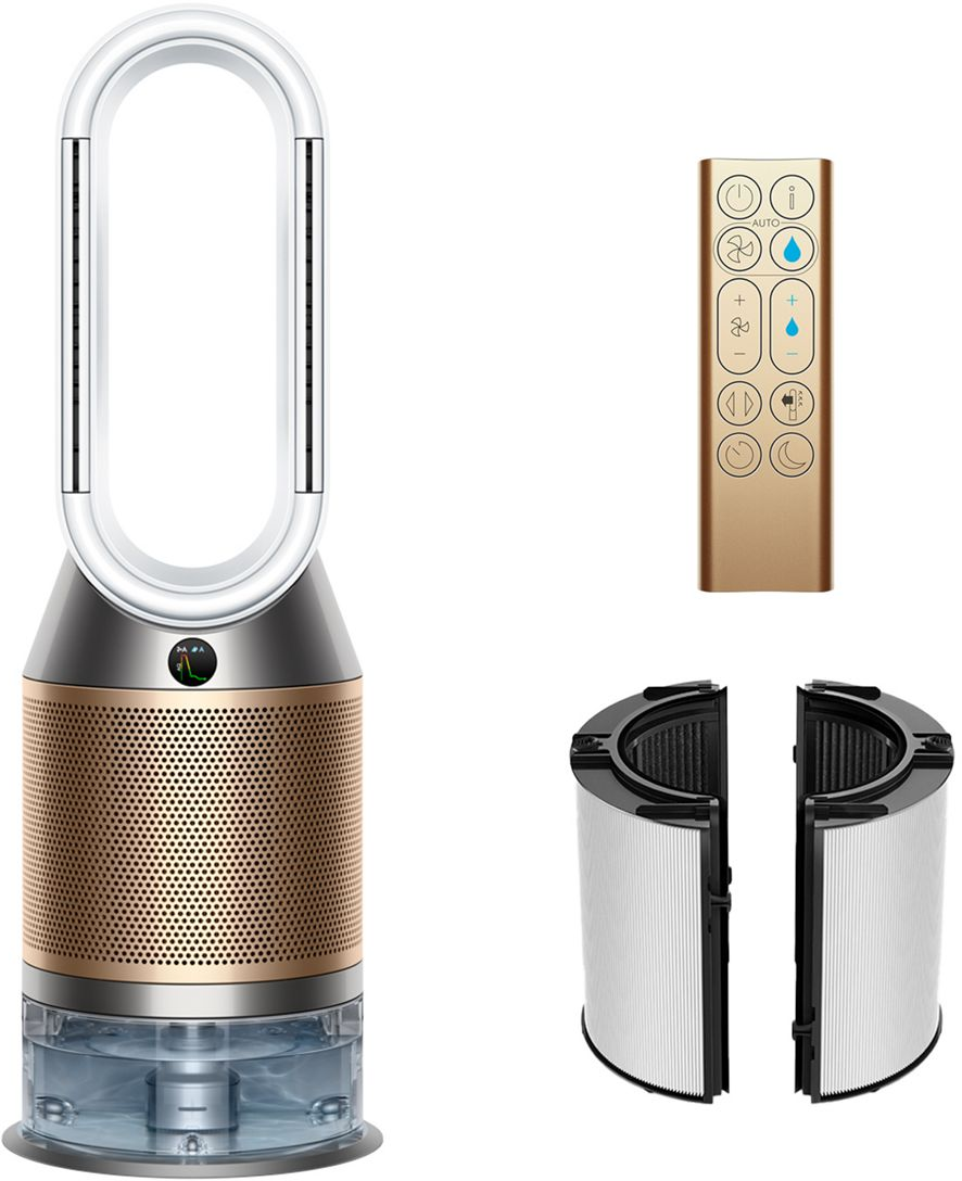 Image d'un humidificateur Dyson, d'une télécommande et d'un filtre sur fond blanc.