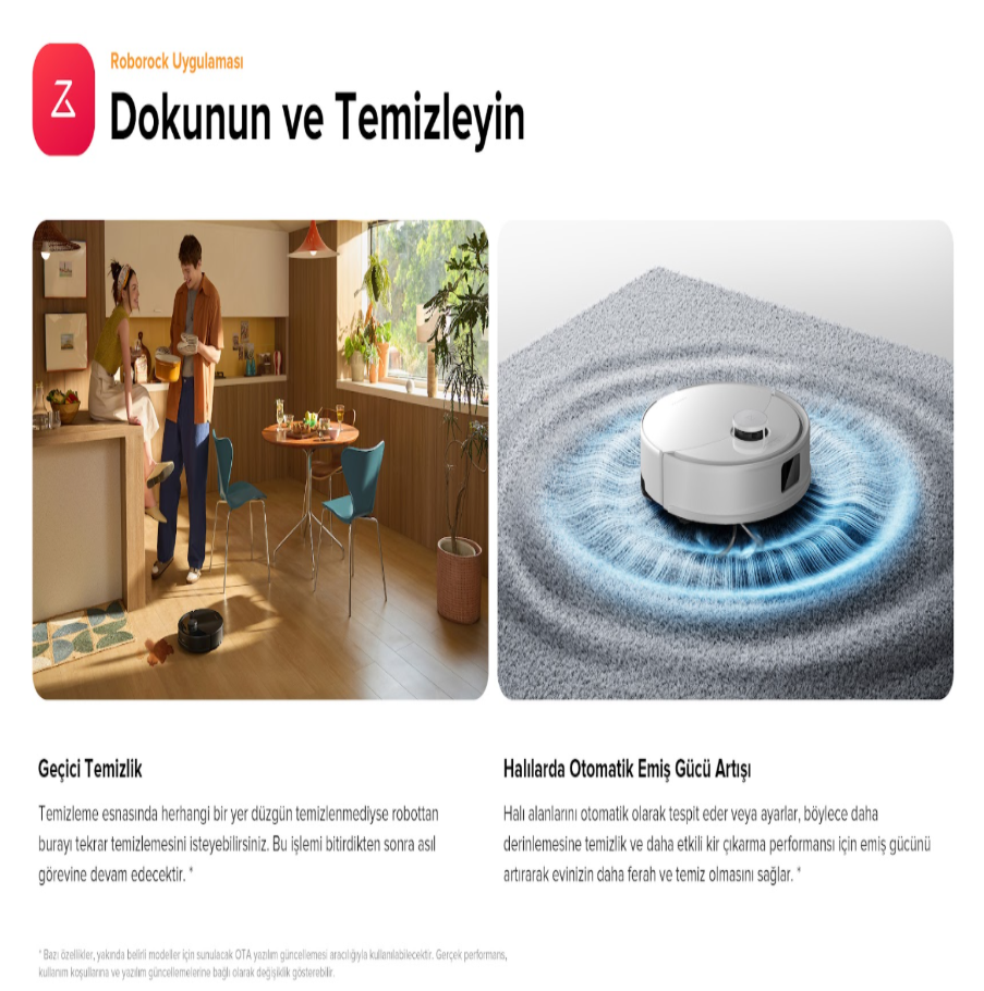 Bir robot süpürge temizlerken, bir çift mutfakta duruyor ve diğeri halı üzerinde vakumluyor.