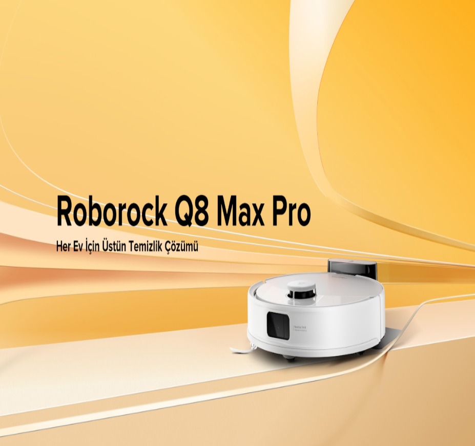 Sarı zemin üzerinde beyaz bir Roborock Q8 Max Pro elektrikli süpürge.