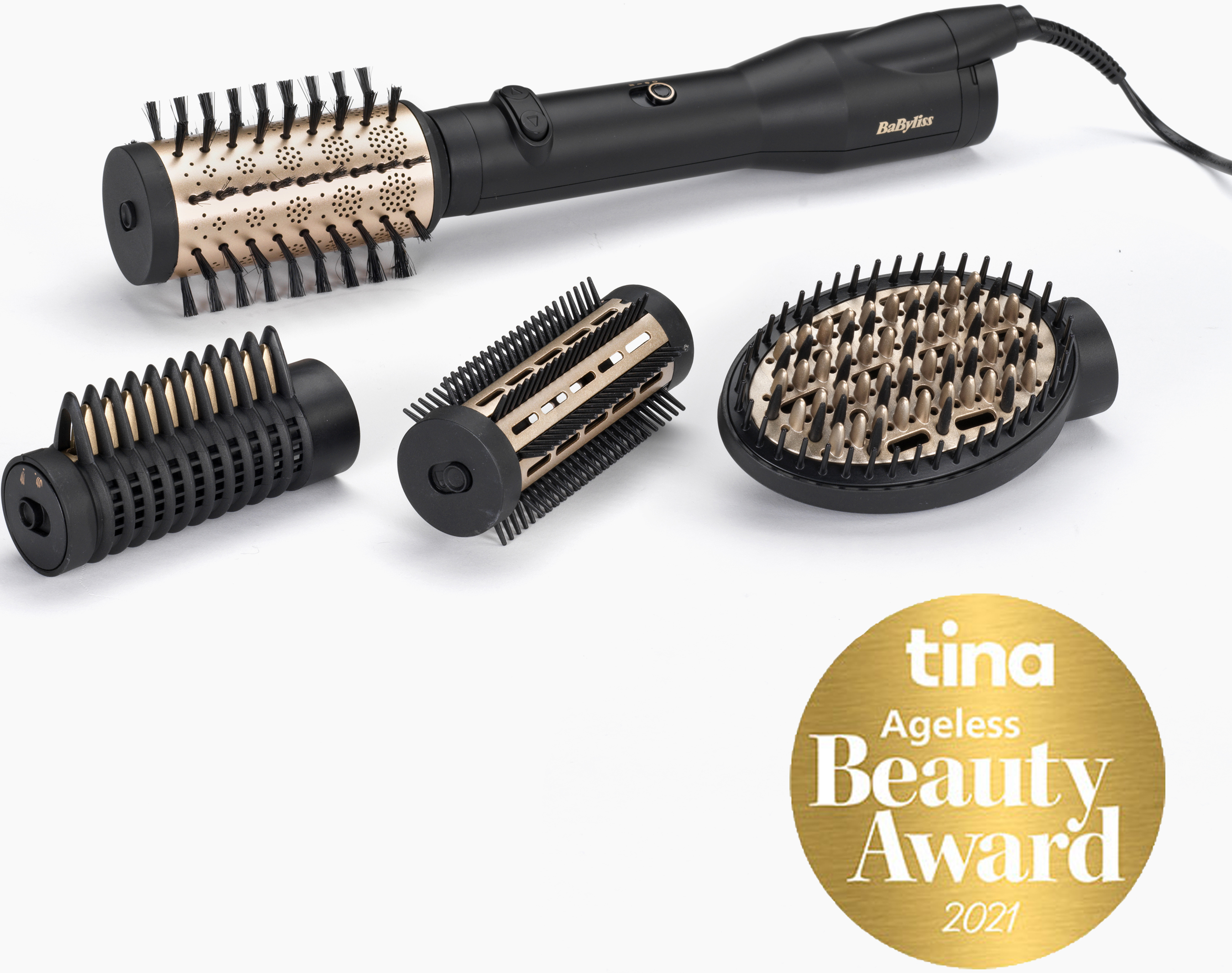Nell'immagine è raffigurato uno strumento per lo styling dei capelli Babyliss con vari accessori e un badge Tina Ageless Beauty Award 2021.