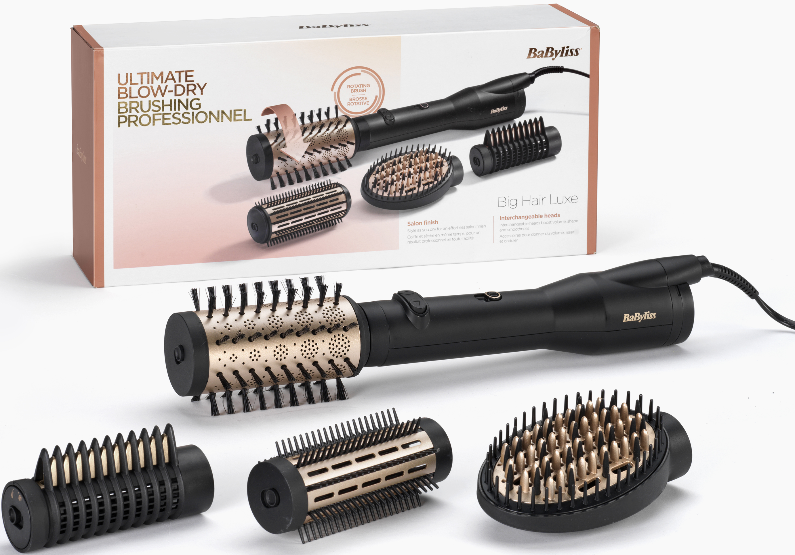 L'immagine mostra un set BaByliss Ultimate Blow-Dry Brushing Professionnel con vari accessori.