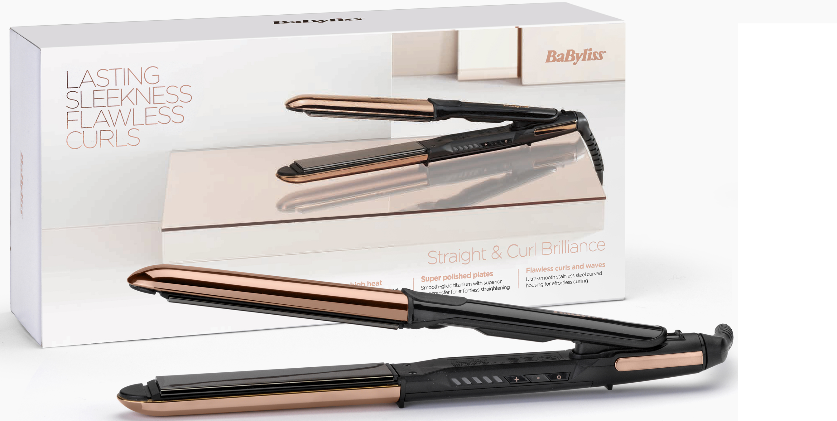 Una piastra per capelli Babyliss con piastre in oro rosa e manico nero, su una confezione bianca.