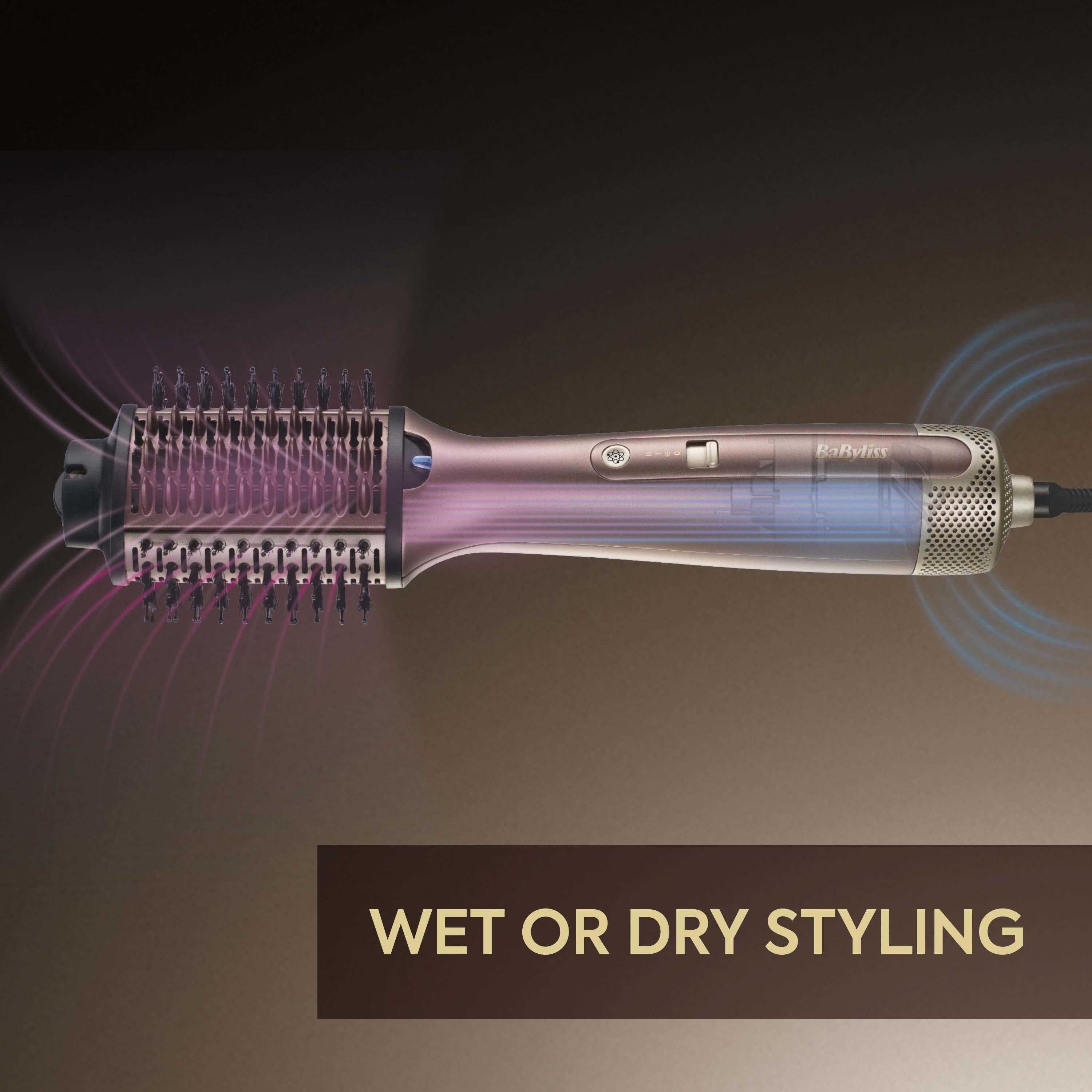 Un asciugacapelli Babyliss color oro rosa con spazzola, che simula calore e flusso d'aria.