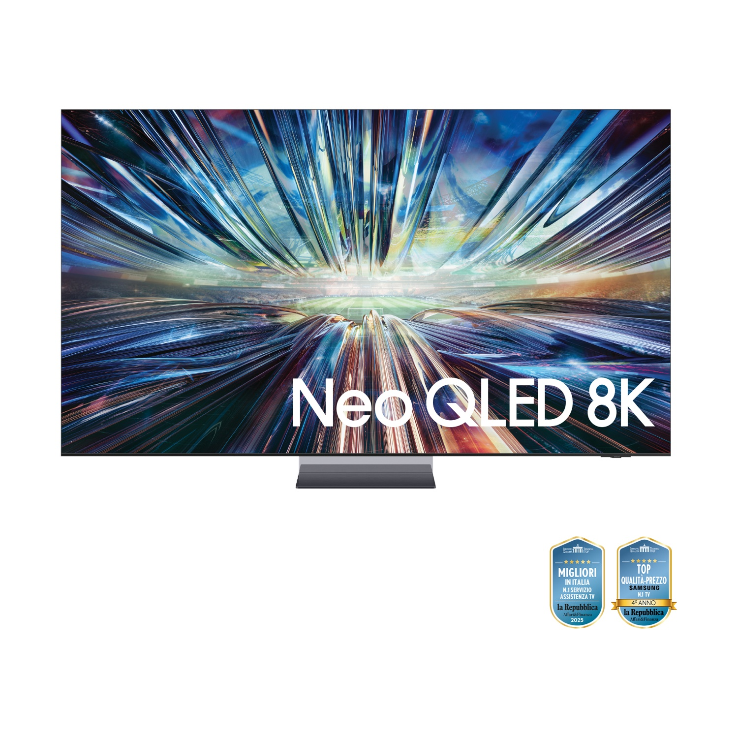 Un televisore Samsung Neo QLED 8K mostra un'immagine astratta e colorata.