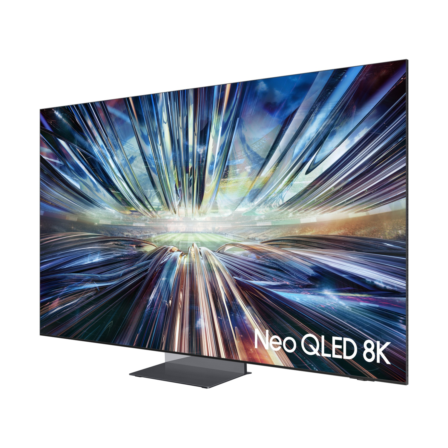 Un televisore Neo QLED 8K mostra un'immagine astratta e colorata, su un supporto elegante e scuro.