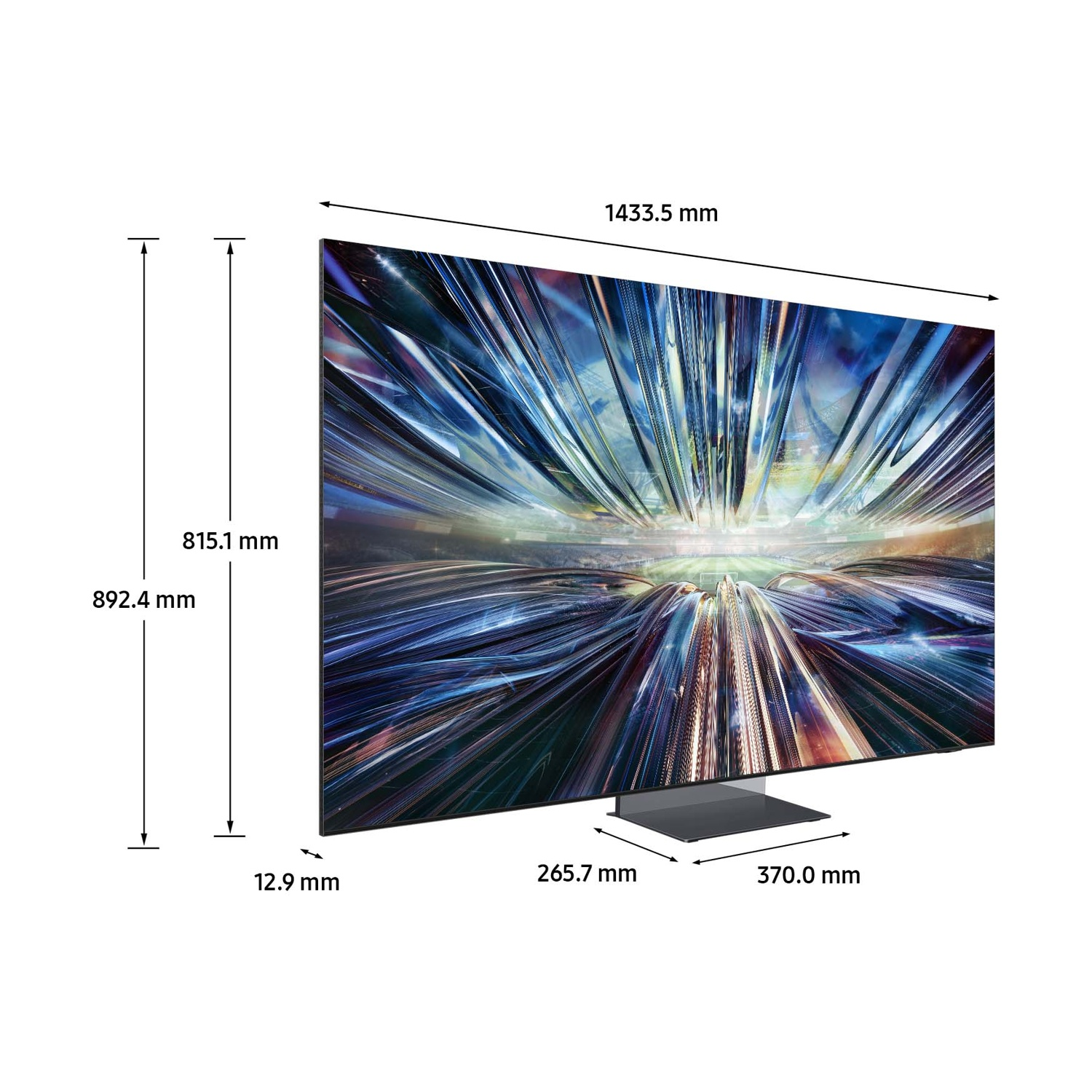 Immagine di un televisore con dimensioni, che mostra un'immagine astratta e colorata.