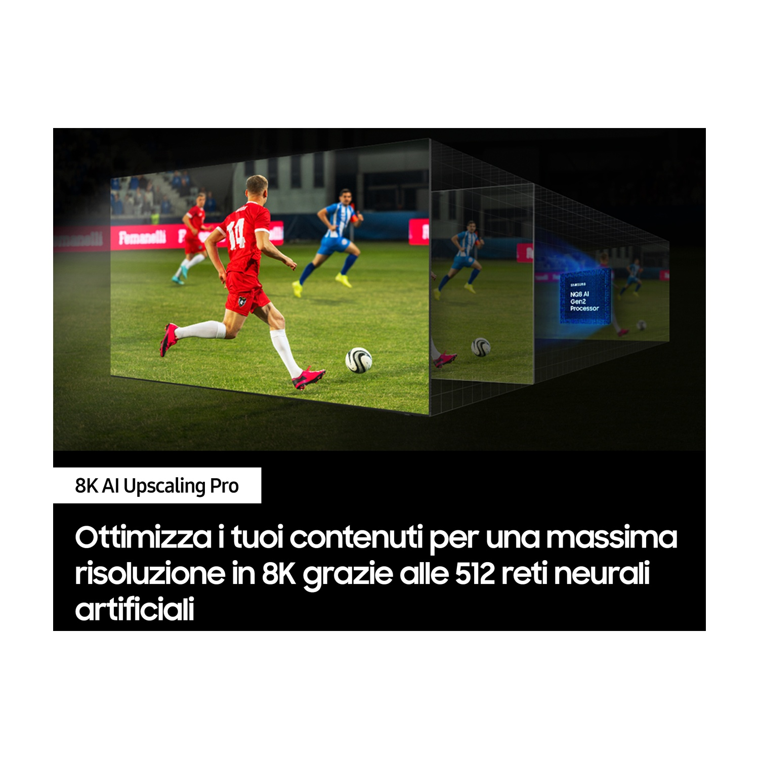 Giocatori di calcio in azione su un campo verde, visualizzati su uno schermo con 8K AI Upscaling Pro.