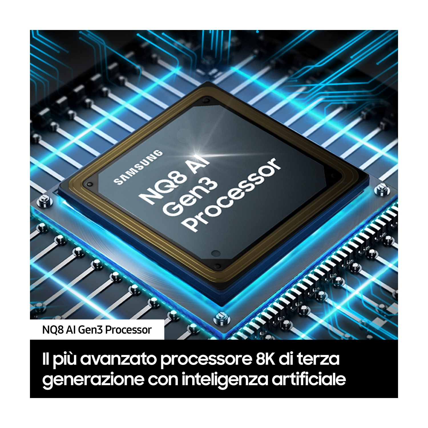Primo piano di un processore Samsung NQ8 AI Gen3 su un circuito stampato con effetti di luce blu.