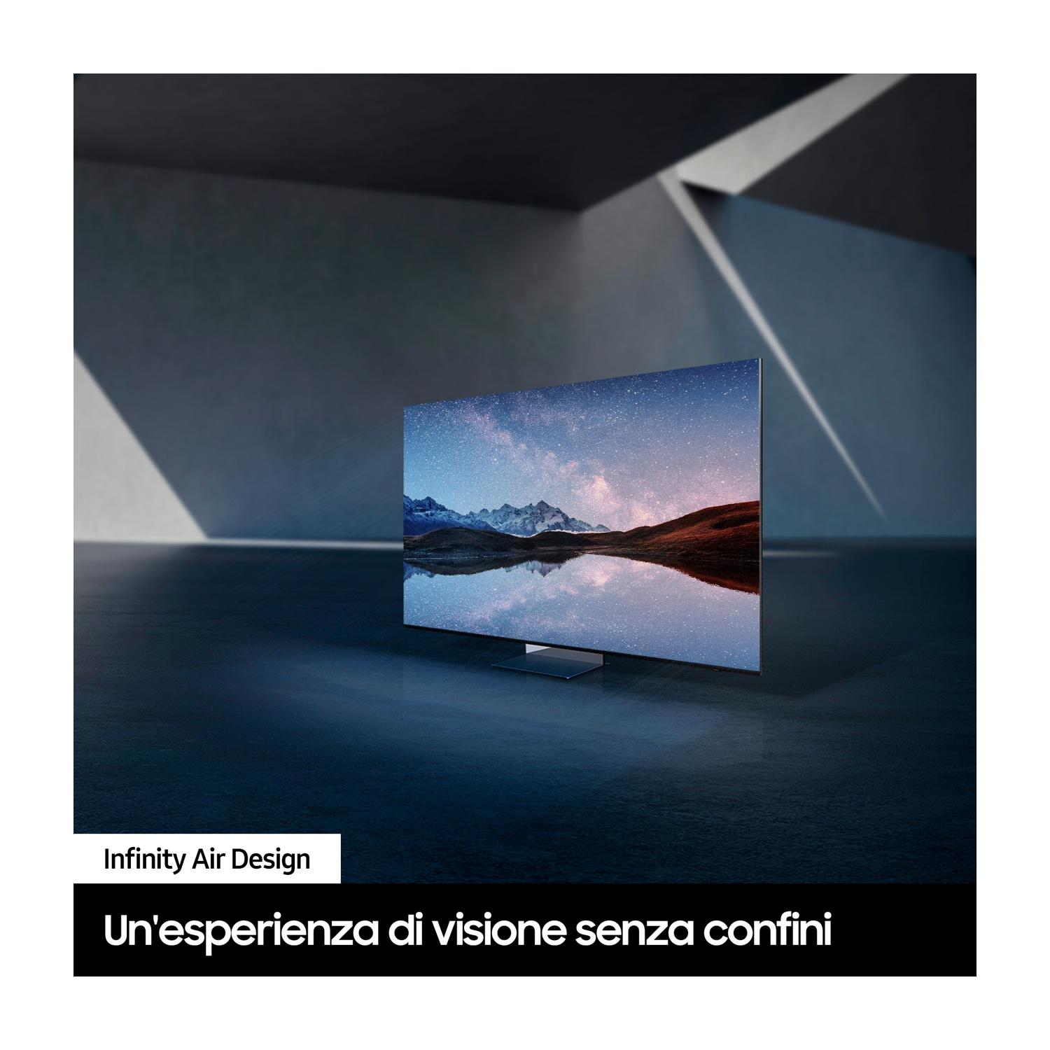 Un'elegante TV mostra un paesaggio stellato in una stanza moderna.
