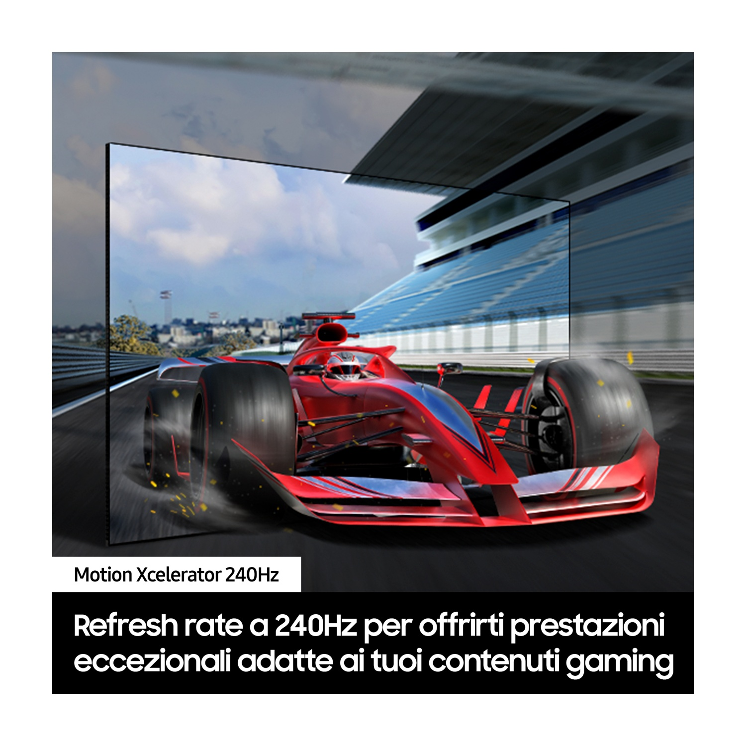 Auto rossa di Formula 1 sullo schermo di fronte a pista con sedili blu.