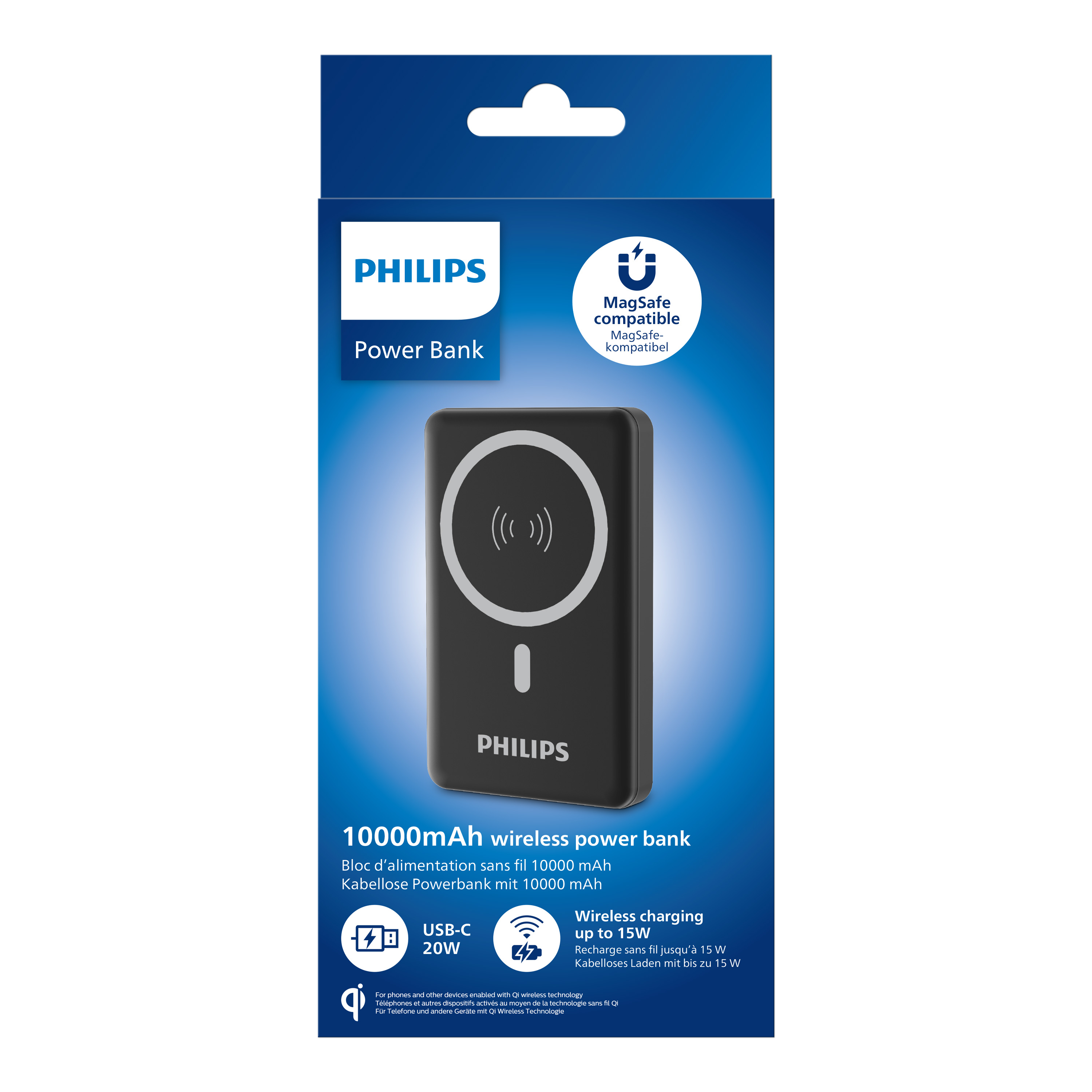 Philips Power Bank ambalajı: MagSafe uyumlu, 10000mAh, 15W'a kadar kablosuz şarj.