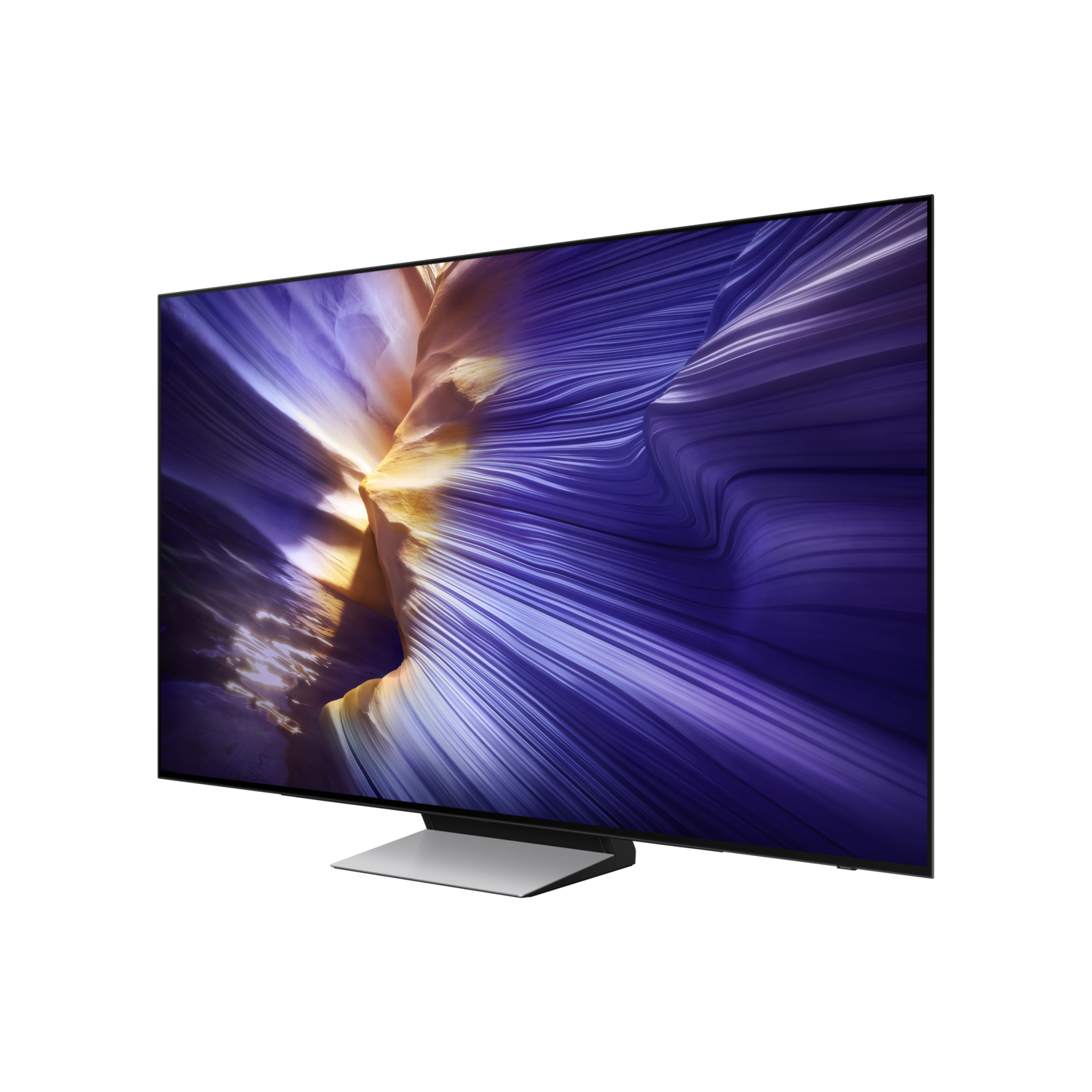 A sleek TV displays an abstract, colorful image on its screen.