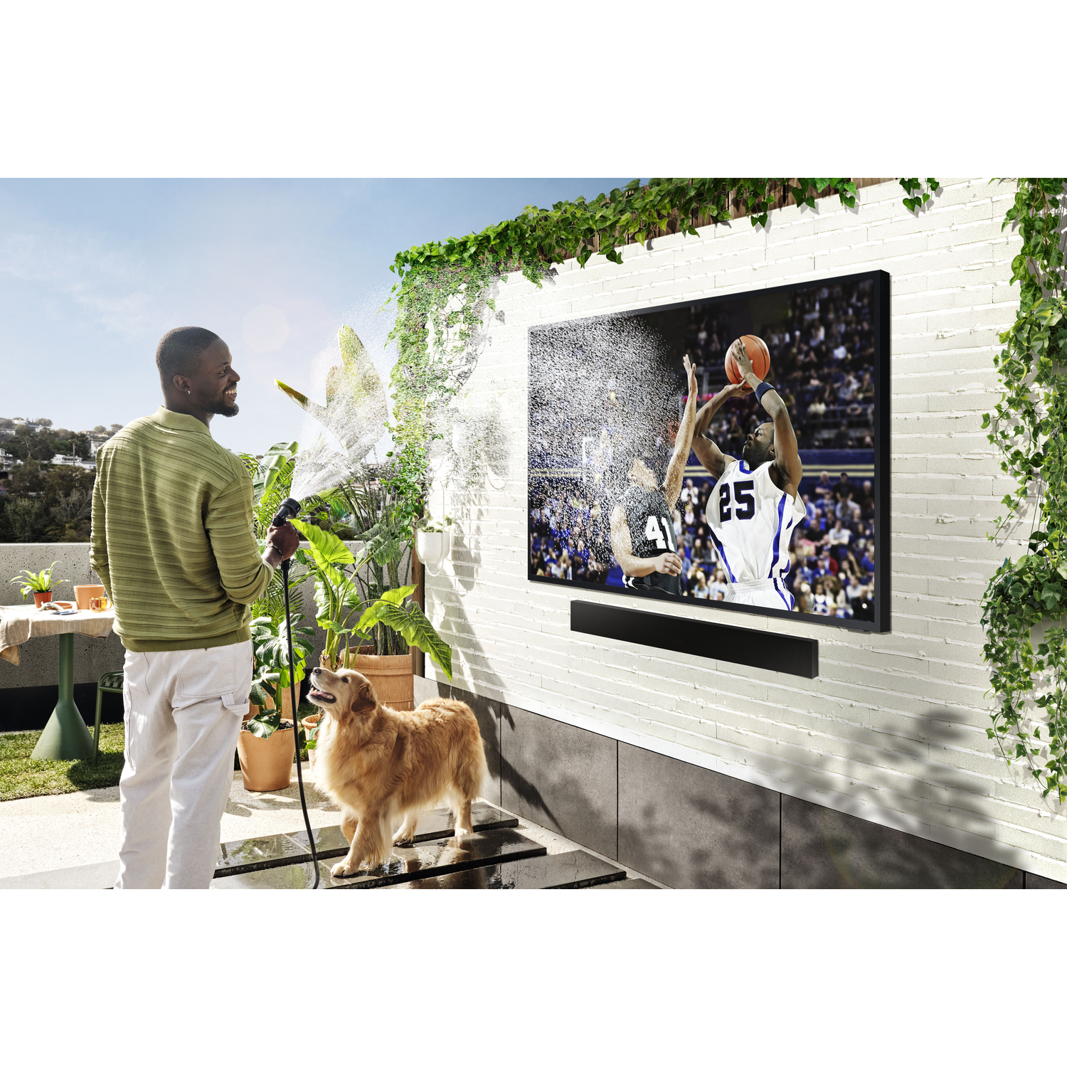 A man waters plants next to a TV playing basketball, while a dog watches.
