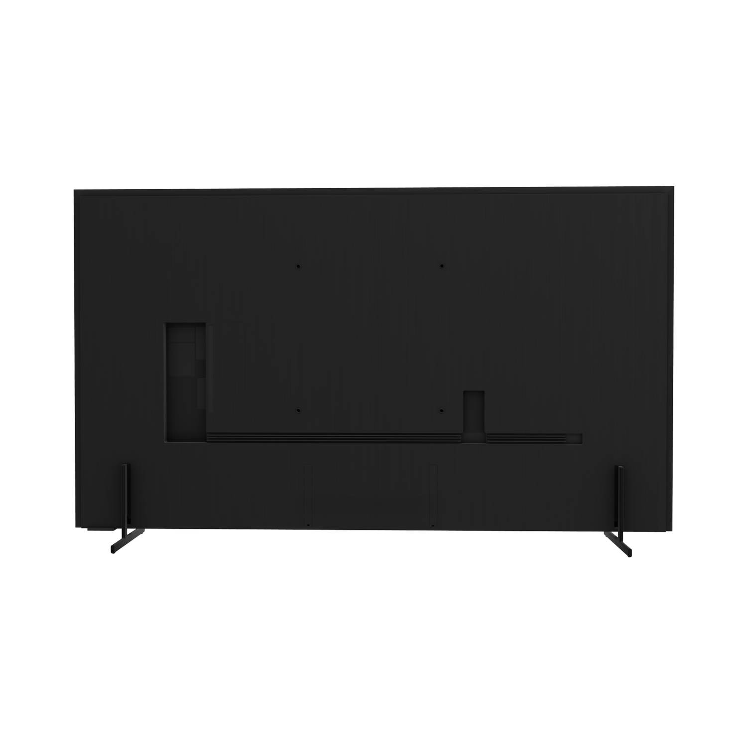 Back view of a black TV with stands, set against a white background.