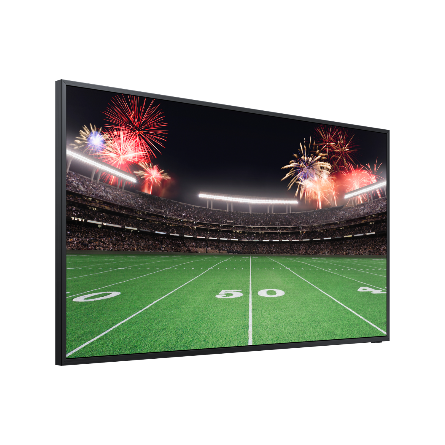 A screen displays a football stadium with fireworks in the night sky.