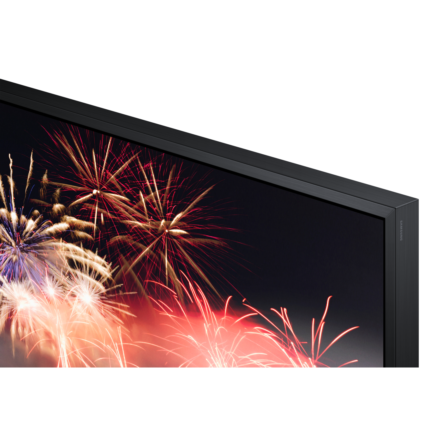 Close-up of a TV displaying fireworks, with a black frame.