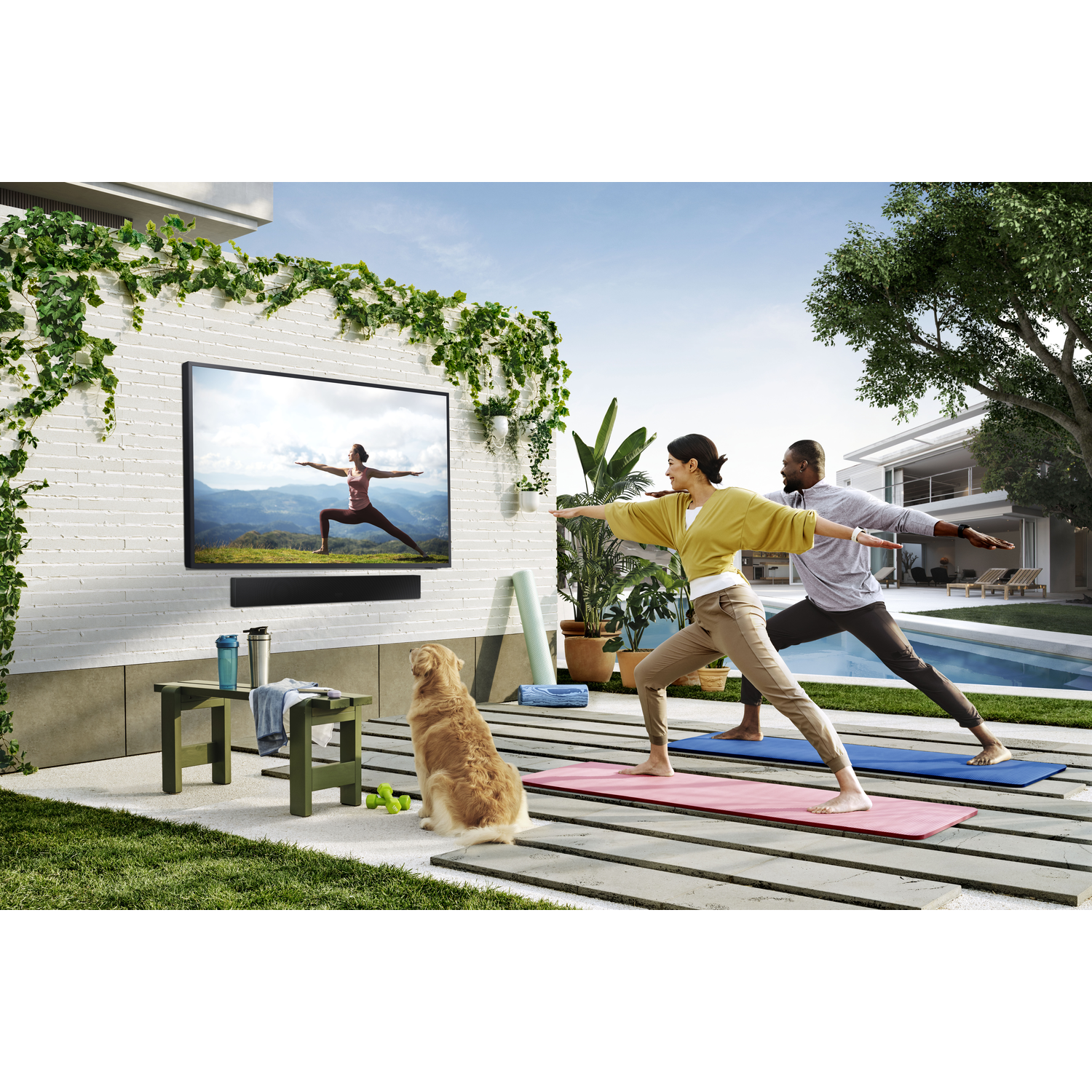 Outdoors, a woman and man do yoga as a dog watches; a TV displays a yoga scene.