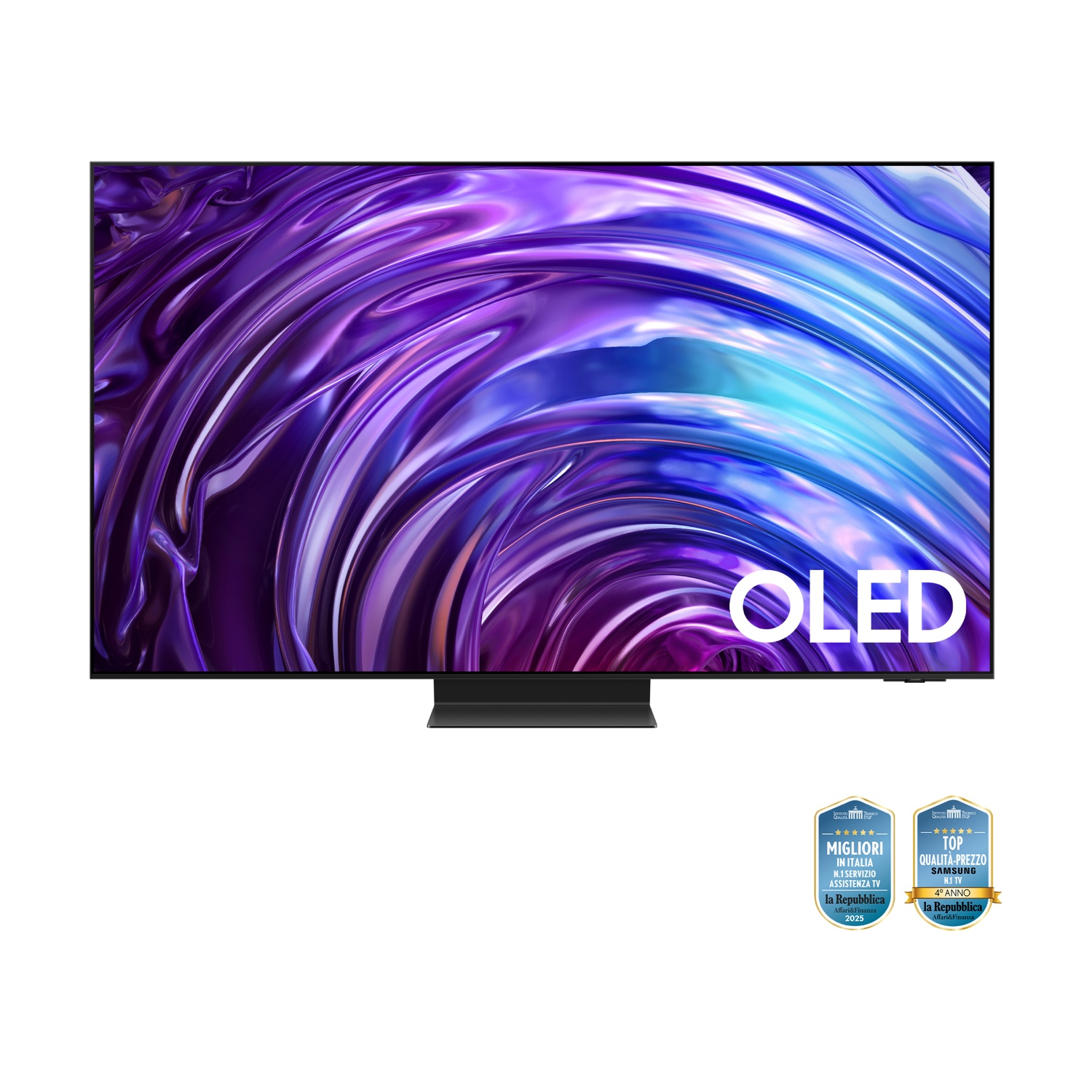 TV OLED con sfondo viola e blu e cornice nera, appoggiato su un supporto nero.