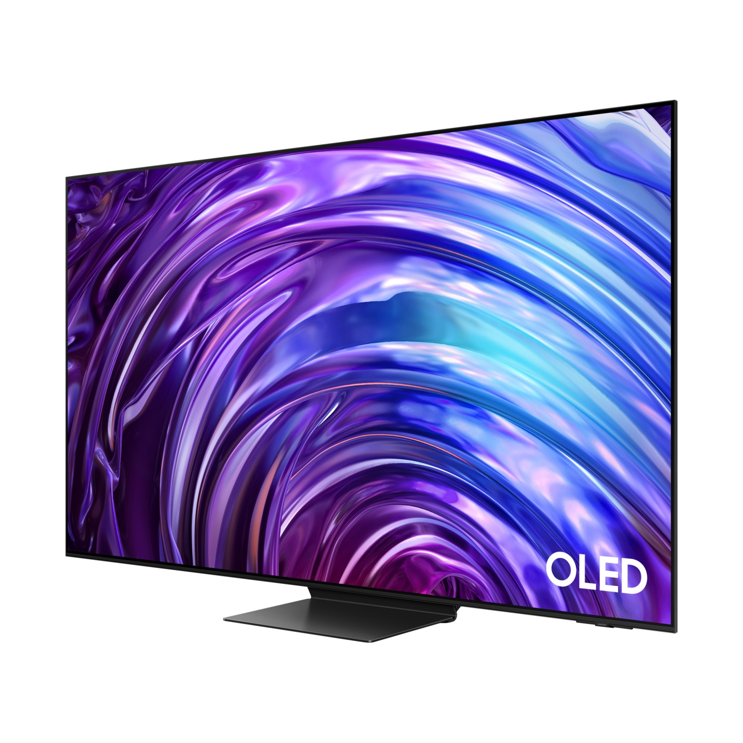 Un televisore OLED con uno schermo che mostra motivi astratti viola e blu si trova su una base nera.