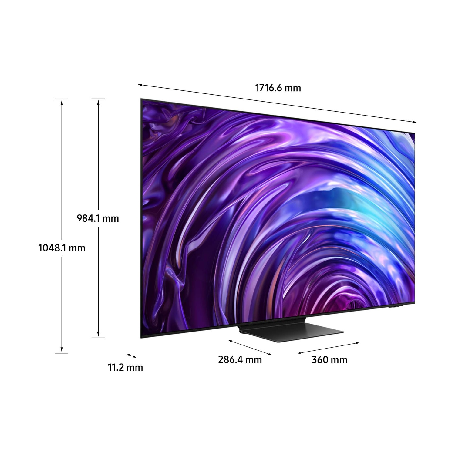 Un televisore ad alta definizione che mostra uno schermo viola e blu con dimensioni.