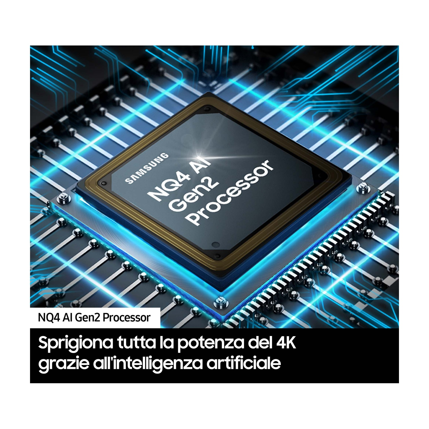 Primo piano di un processore Samsung NQ4 AI Gen2 su un circuito stampato con effetti di luce blu.
