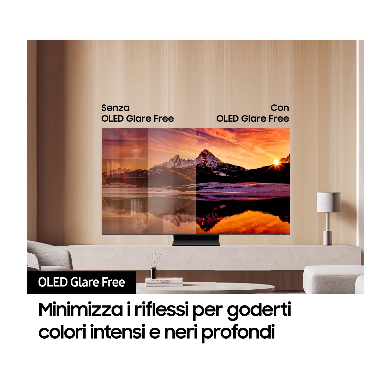 Un televisore mostra un paesaggio con montagne e tramonto, un lato antiriflesso.