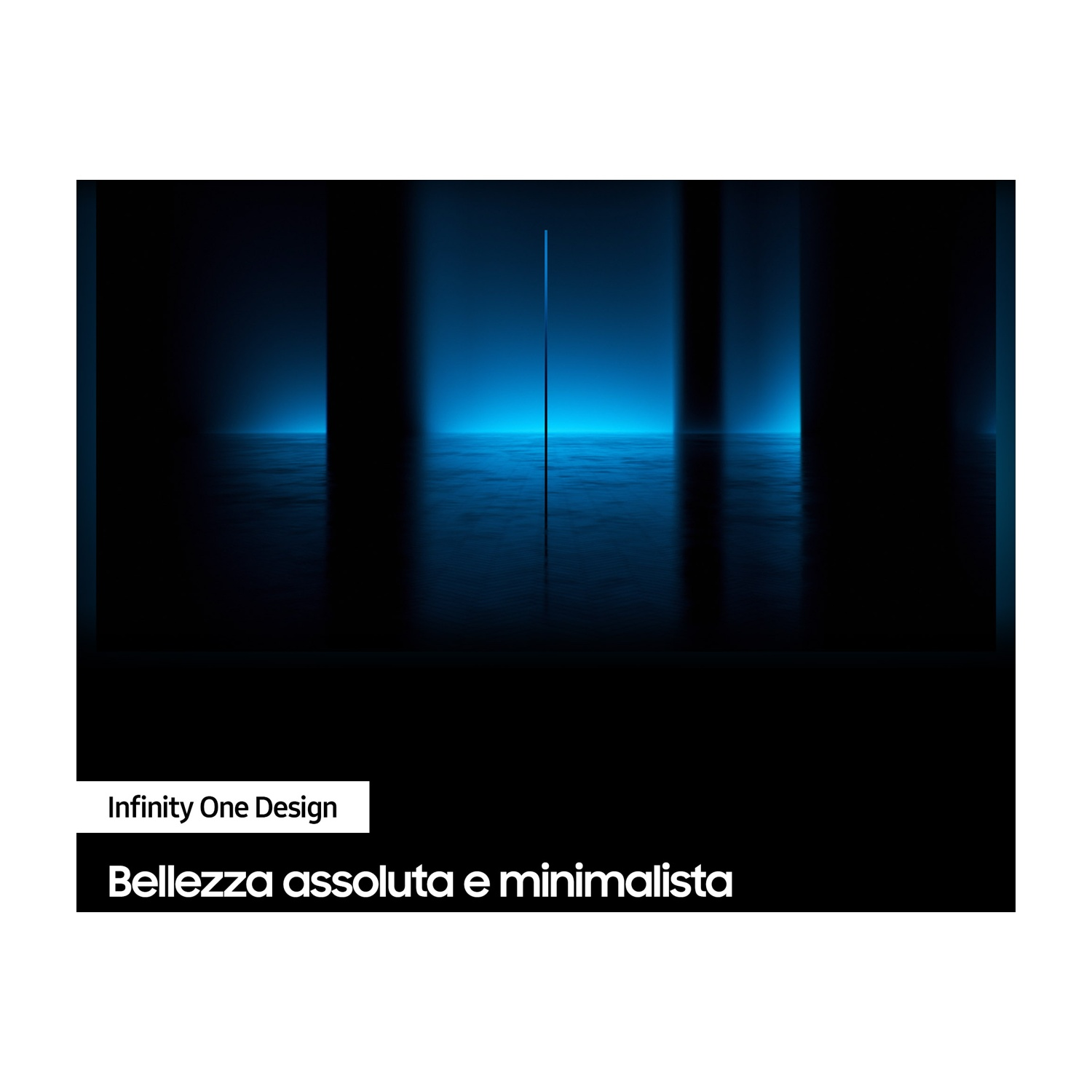 L'illuminazione blu illumina una stanza buia con colonne verticali e una superficie lucida.