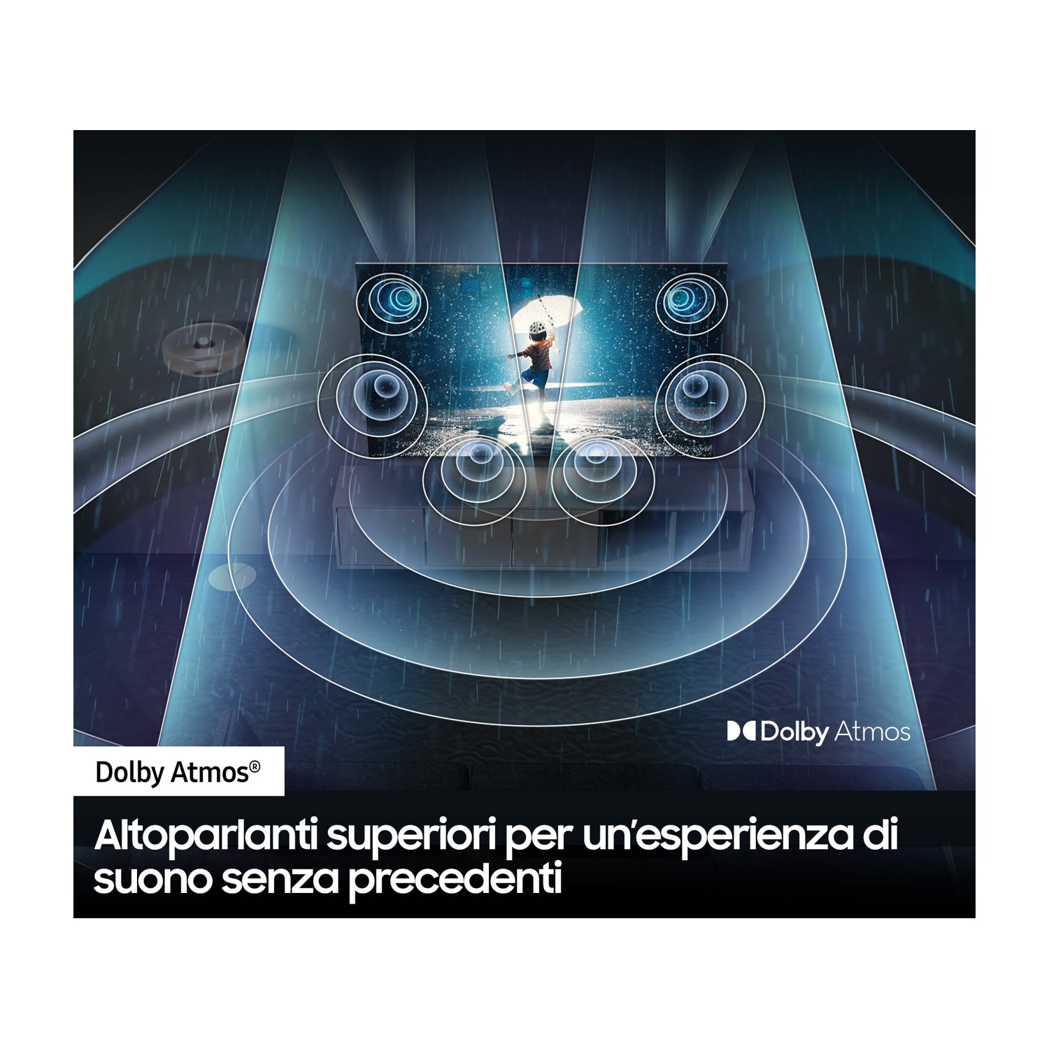 Pubblicità Dolby Atmos che mostra un bambino con l'ombrello sullo schermo, con cerchi concentrici.