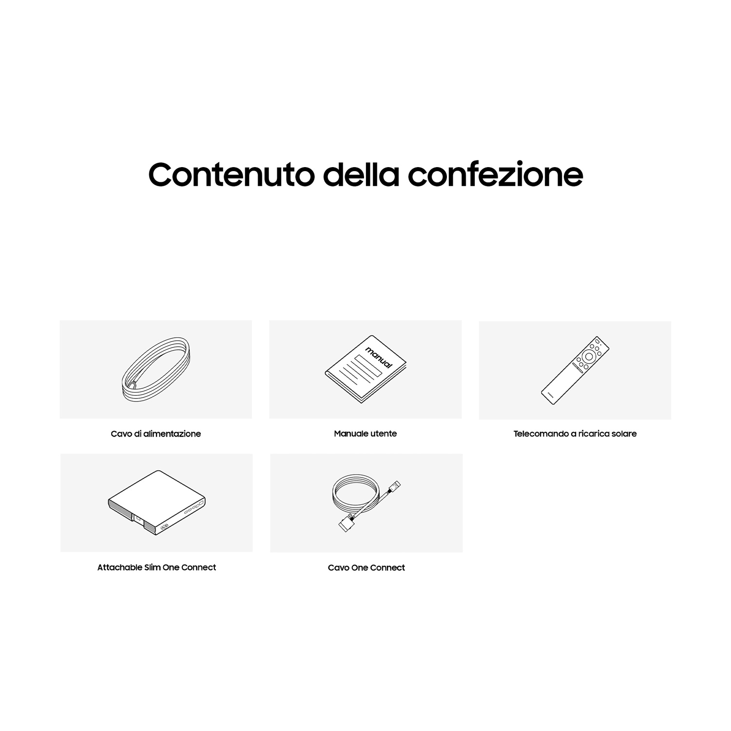 Contenuto della confezione: cavo di alimentazione, manuale utente, telecomando solare, Slim One Connect, cavo One Connect.