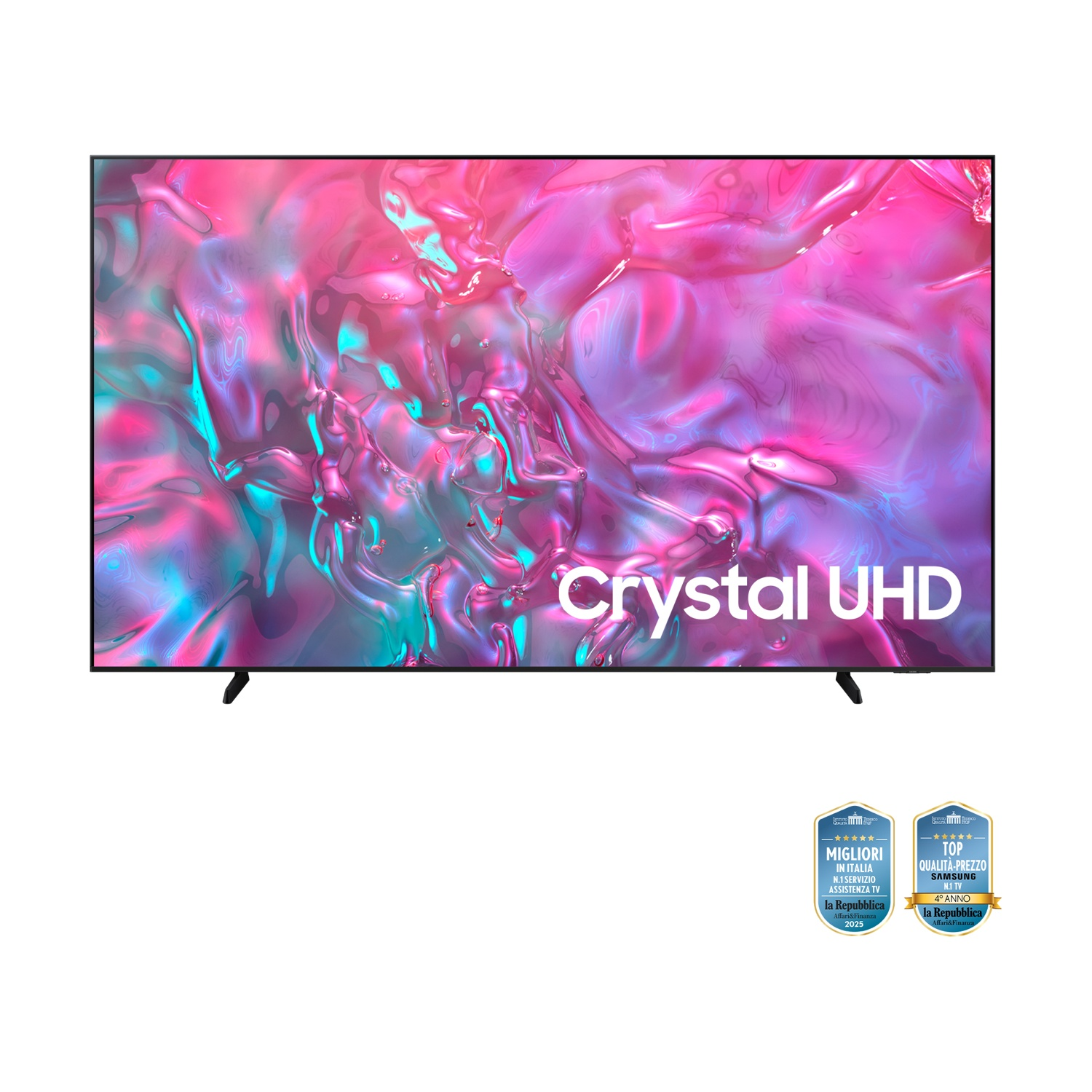 Un televisore Samsung Crystal UHD nero che mostra uno sfondo astratto rosa e blu.