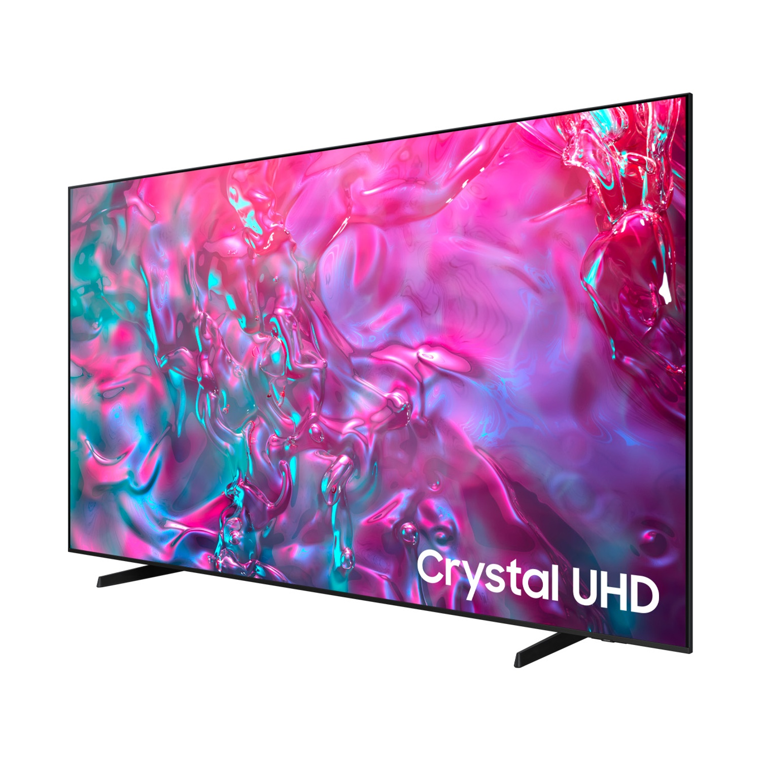 Un elegante televisore mostra un motivo astratto rosa e blu sullo schermo.