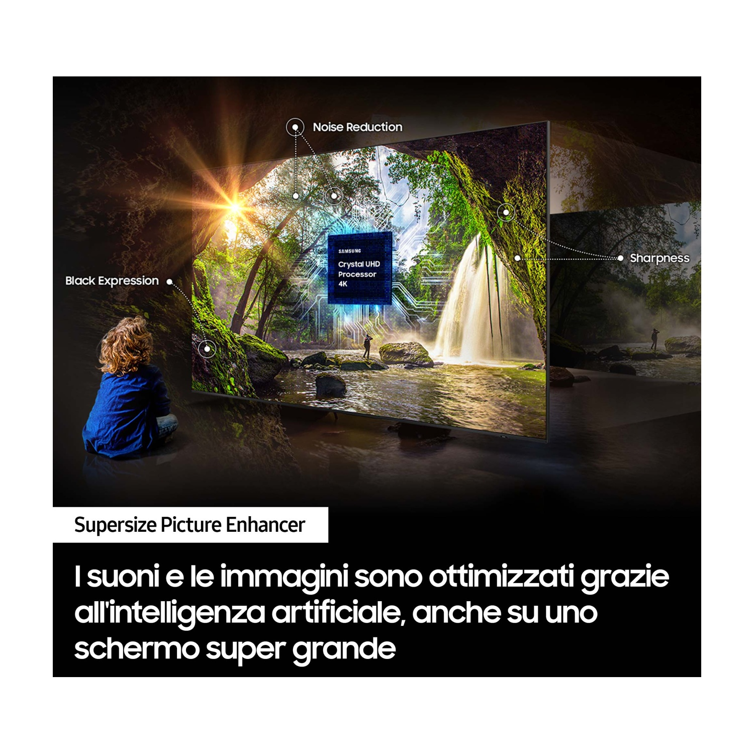 Una TV mostra una lussureggiante scena di foresta con una cascata e un bambino che guarda.