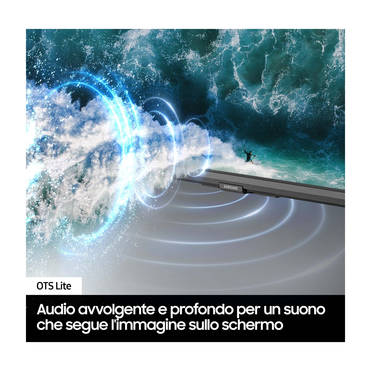 La TV Samsung mostra un surfista in alto mare con onde sonore blu.