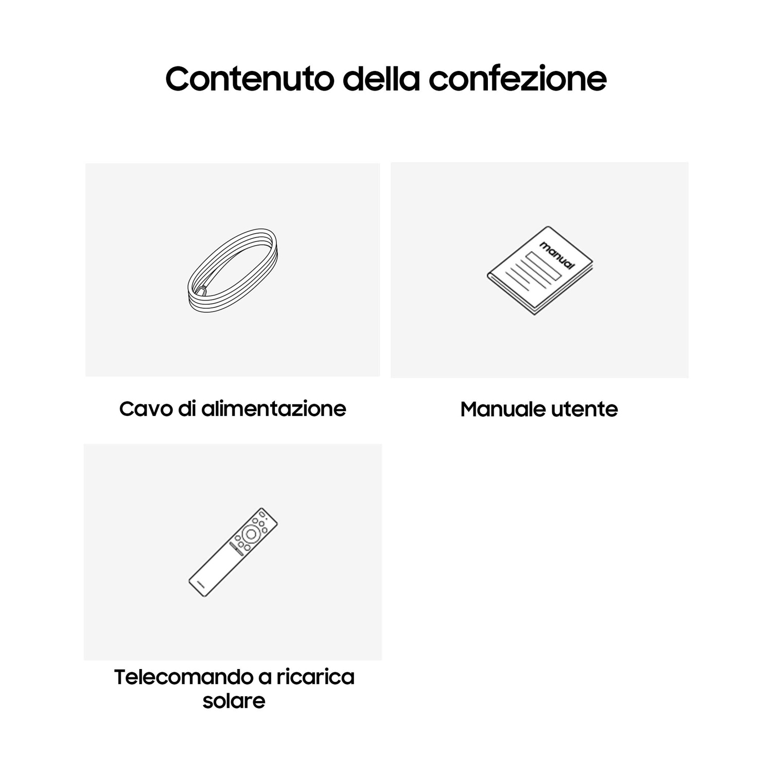 Contenuto della confezione: cavo di alimentazione, manuale utente e telecomando solare.