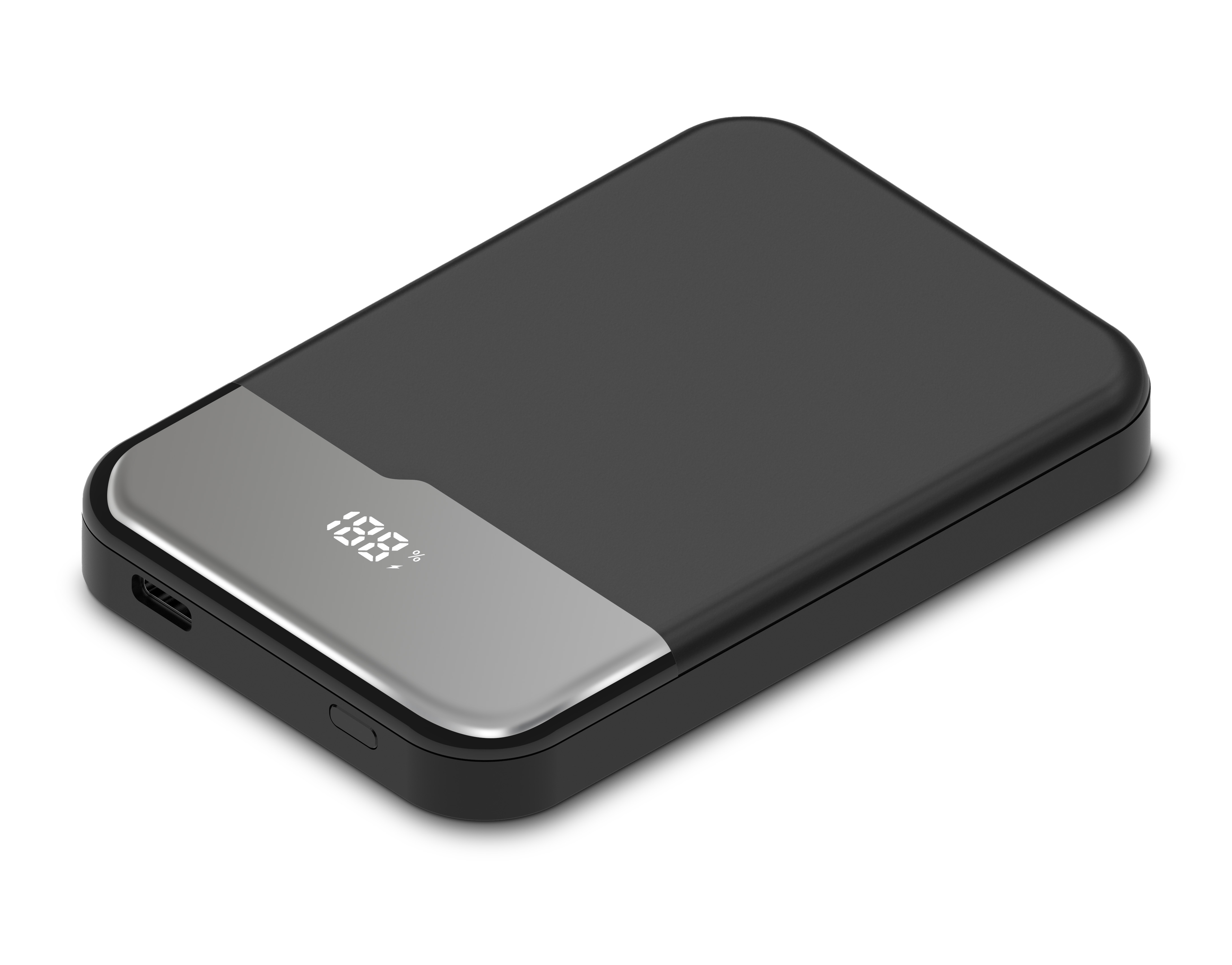 %100 şarj gösteren gri ekranlı siyah powerbank.