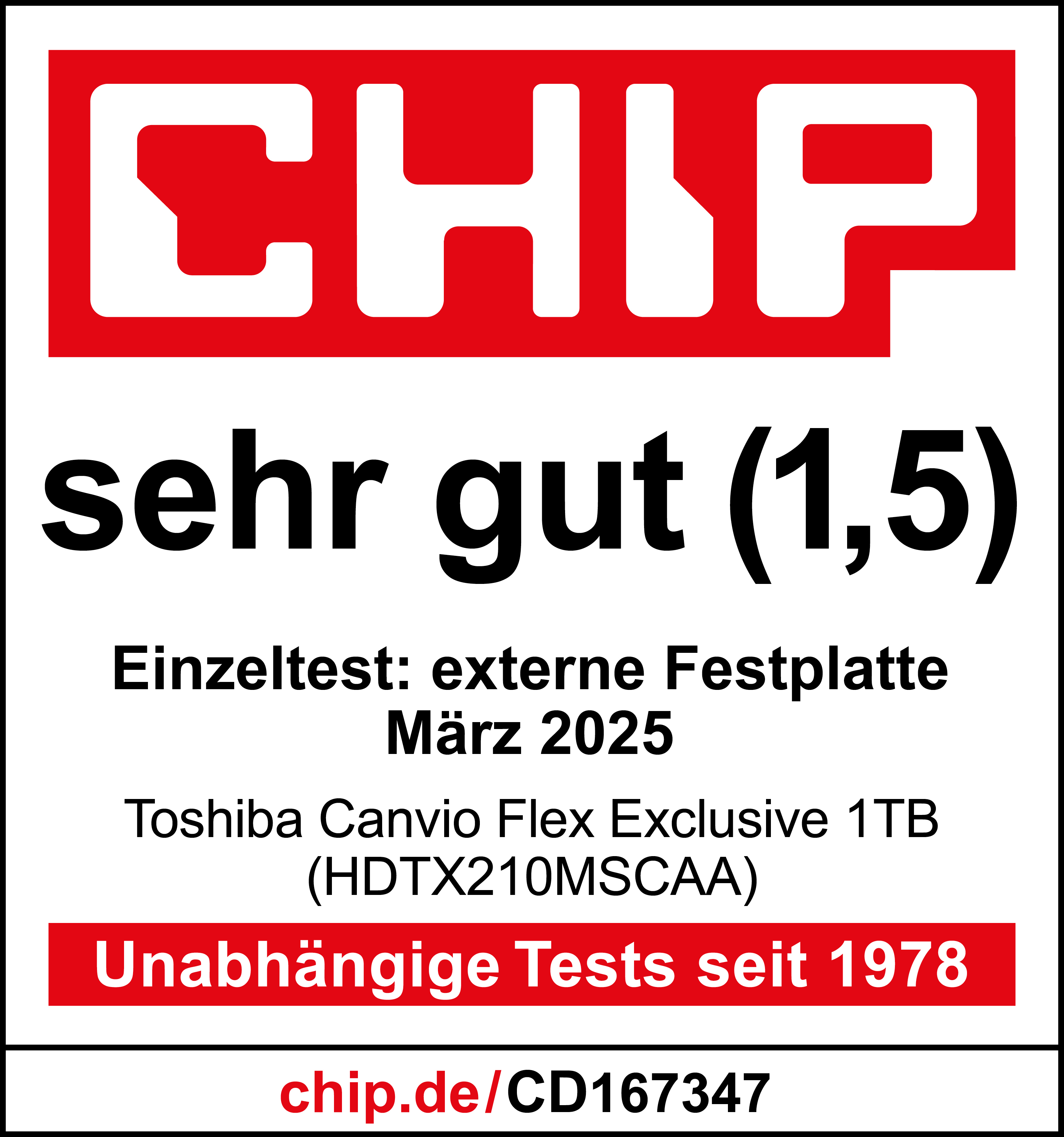 Bild zeigt CHIP Testergebnis für externe Festplatte, bewertet mit "sehr gut (1,5)" im März 2025.