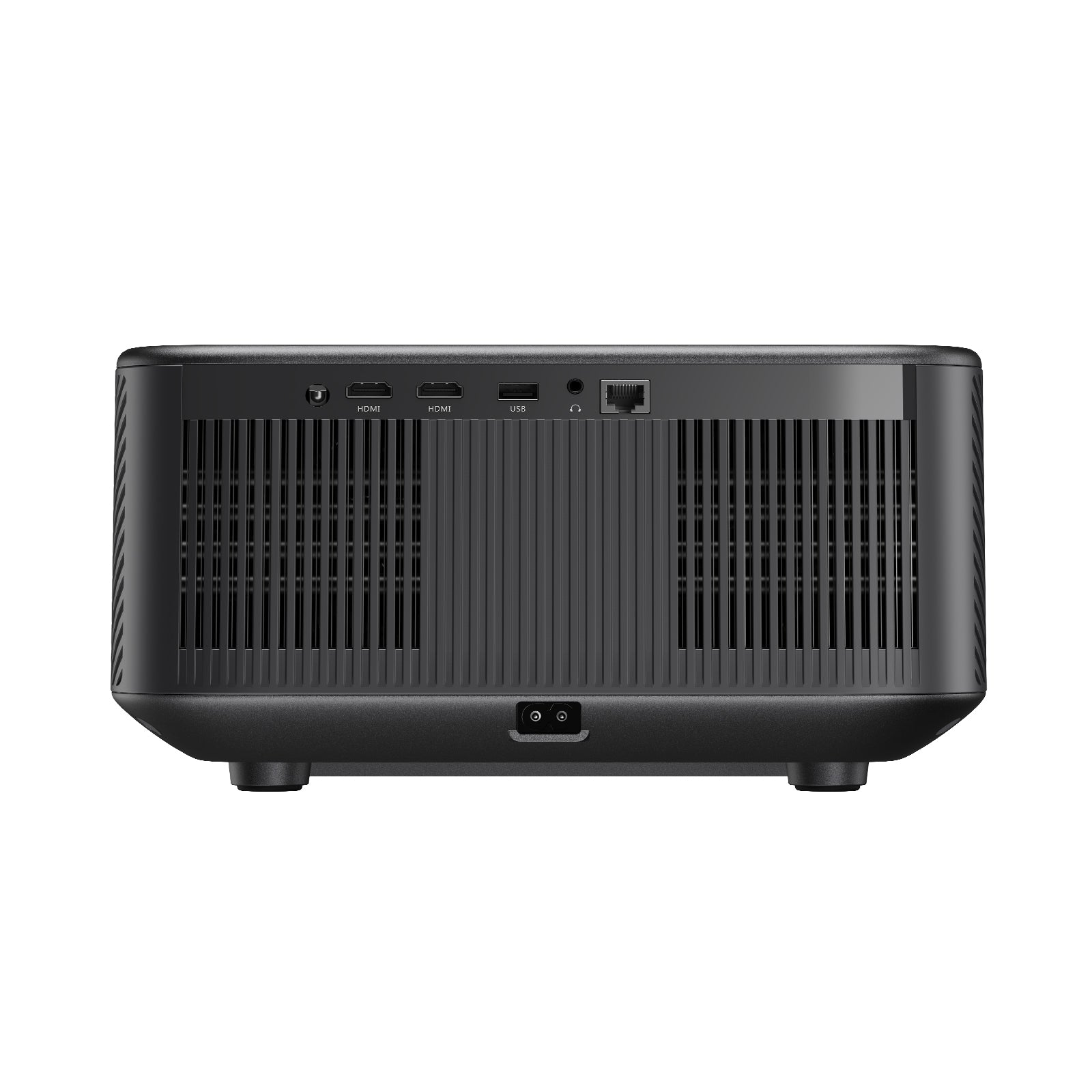 Beyaz arka planda HDMI, USB ve ağ kablosu bağlantı noktalarına sahip siyah projektör.