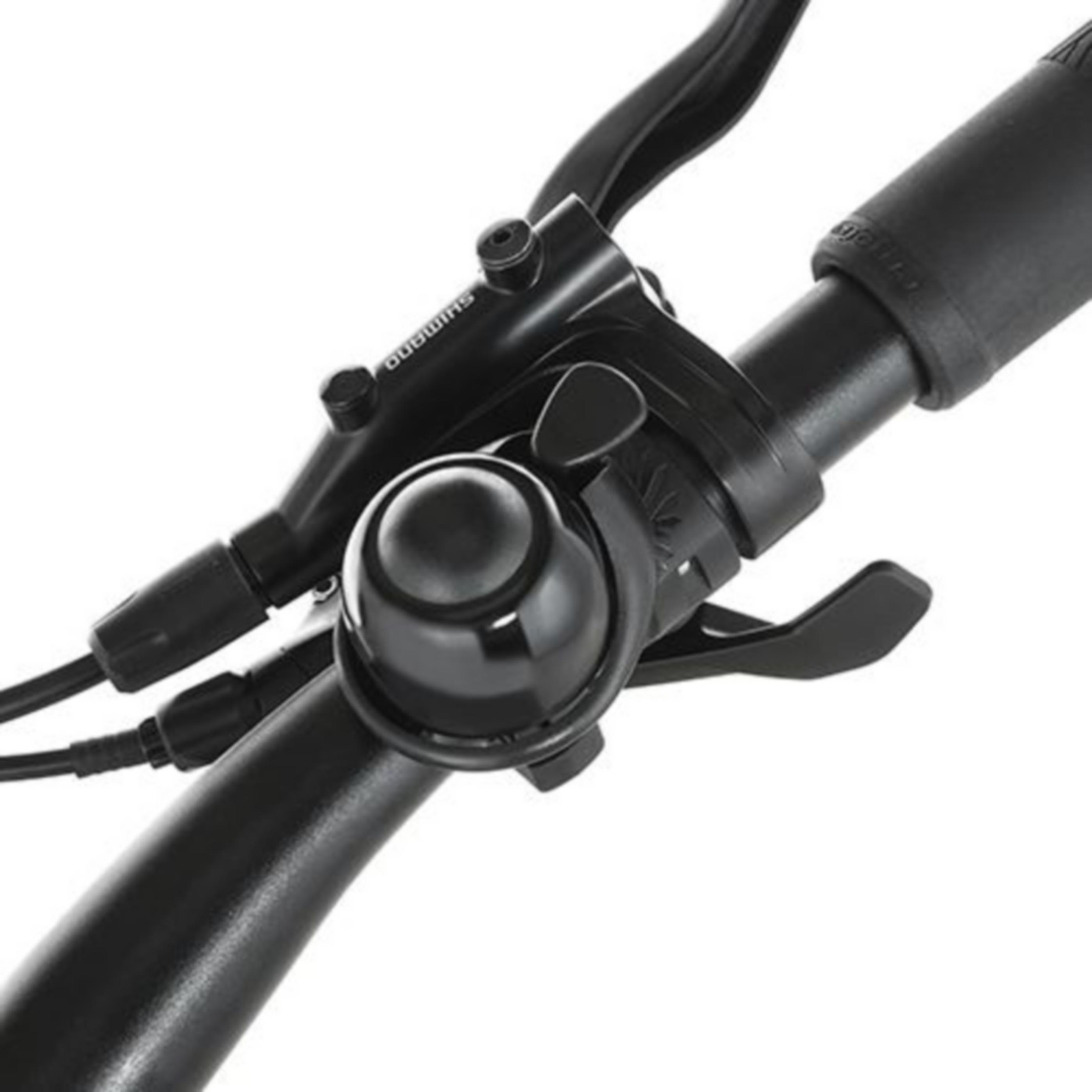 Nahaufnahme eines schwarzen Fahrradlenkers mit Shimano-Bremshebel und Klingel.