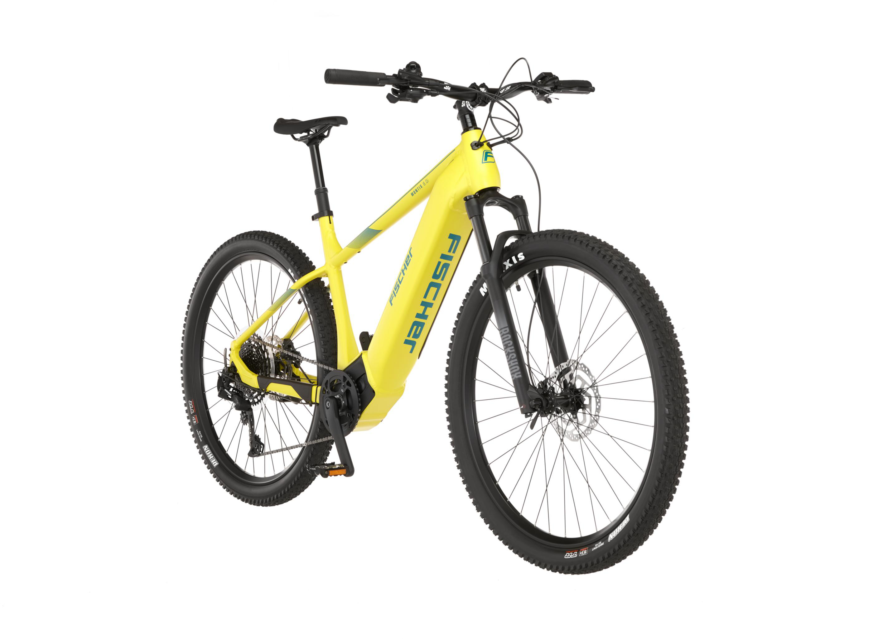 Gelbes Fischer-Fahrrad mit schwarzen Reifen und Sattel auf weißem Hintergrund.