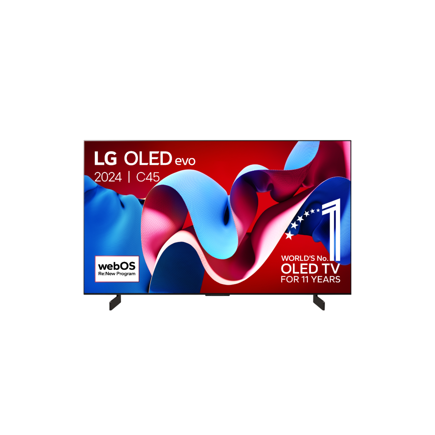 Le téléviseur LG OLED evo affiche des graphiques colorés sur un support noir, soulignant son webOS et sa position sur le marché.
