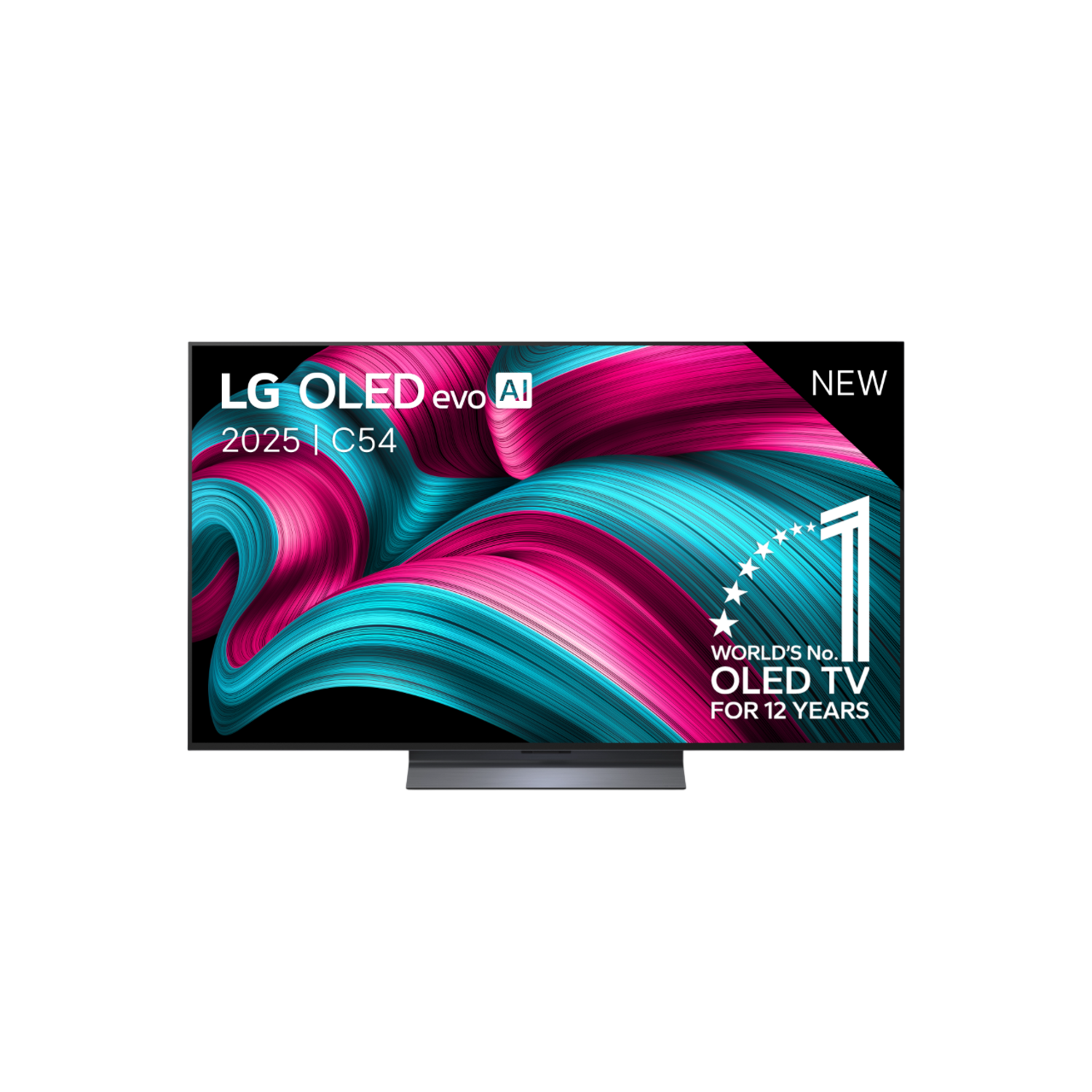 De LG OLED evo AI 2025 C54 TV toont levendige roze en blauwgroene golven op een slank, donker frame.